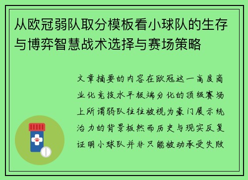 从欧冠弱队取分模板看小球队的生存与博弈智慧战术选择与赛场策略